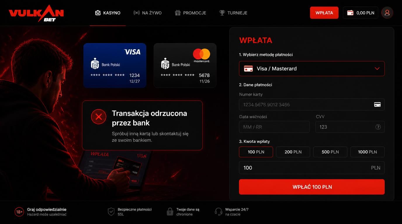 Obraz przedstawiający odrzuconą płatność kartą przez bank w polskim kasynie