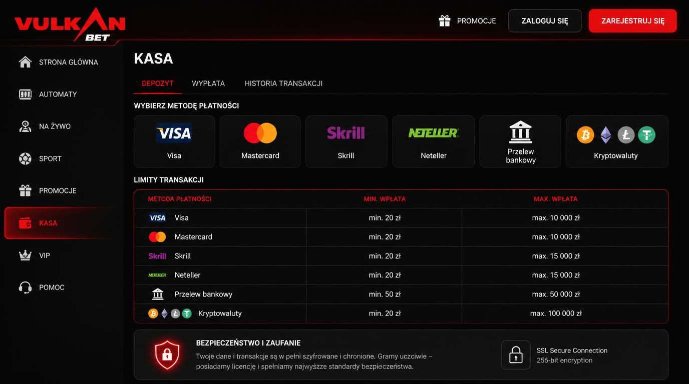 Różne metody wpłat z limitem i poziomem zaufania w VulkanBet