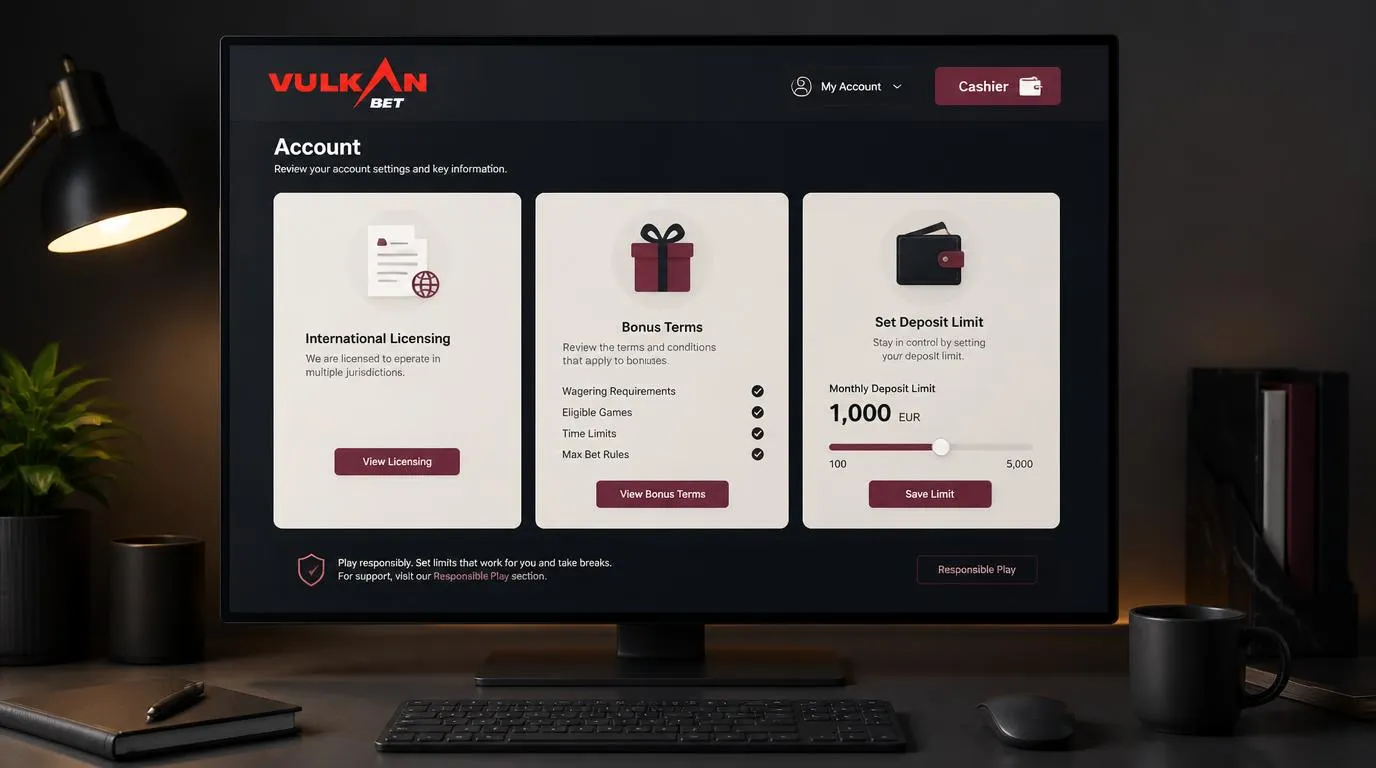 Panel kasyna z informacją o licencji międzynarodowej, warunkami bonusu i ustawieniem limitu wpłat