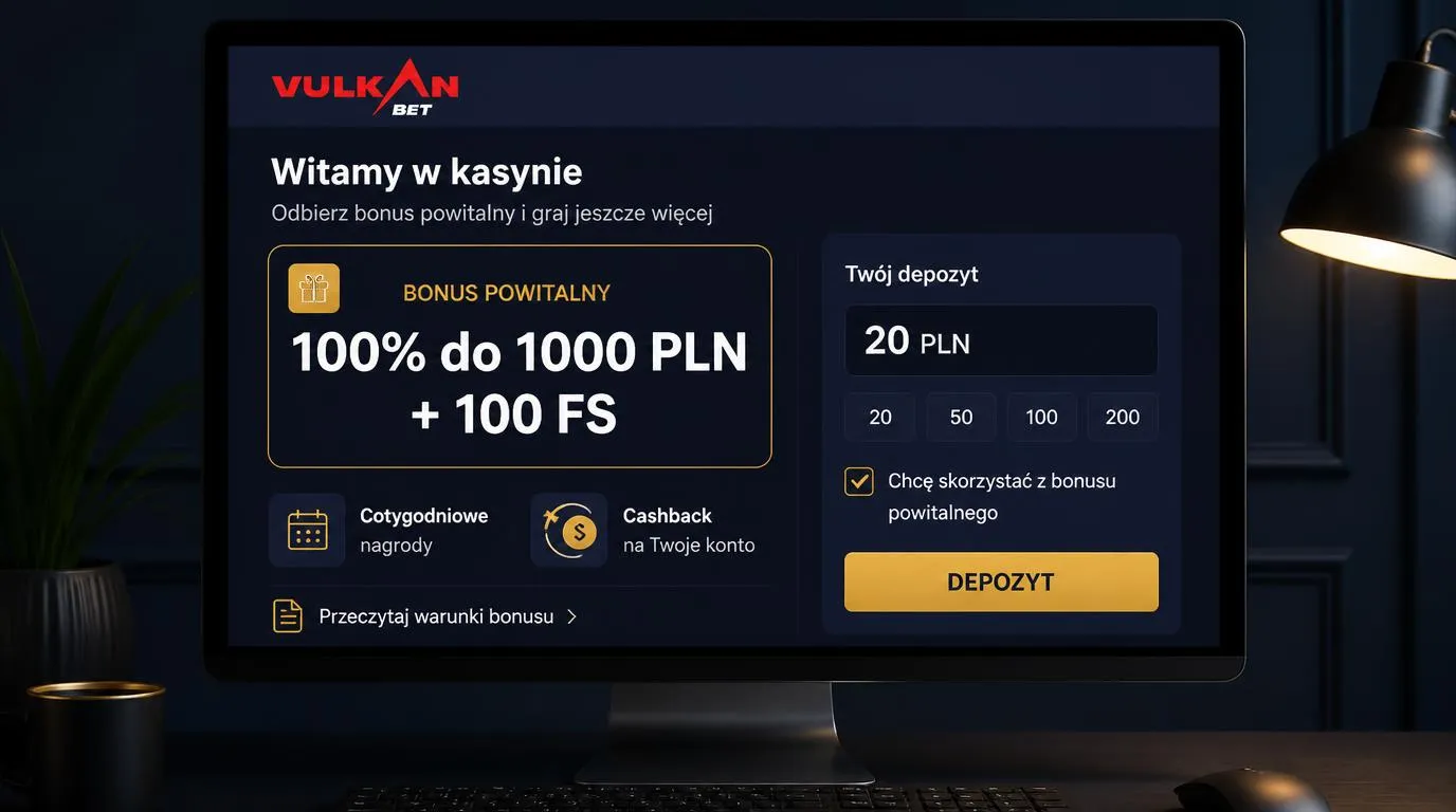 Panel oferty powitalnej z bonusem 100% do 1000 PLN, 100 FS i minimalnym depozytem 20 PLN