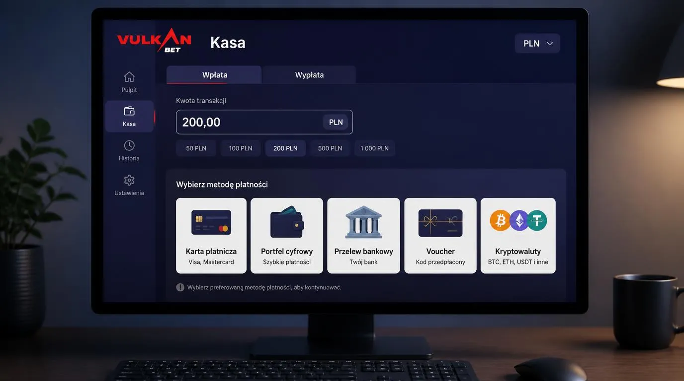 Panel kasjera z kartami, portfelami elektronicznymi i kryptowalutami oraz wyborem waluty PLN