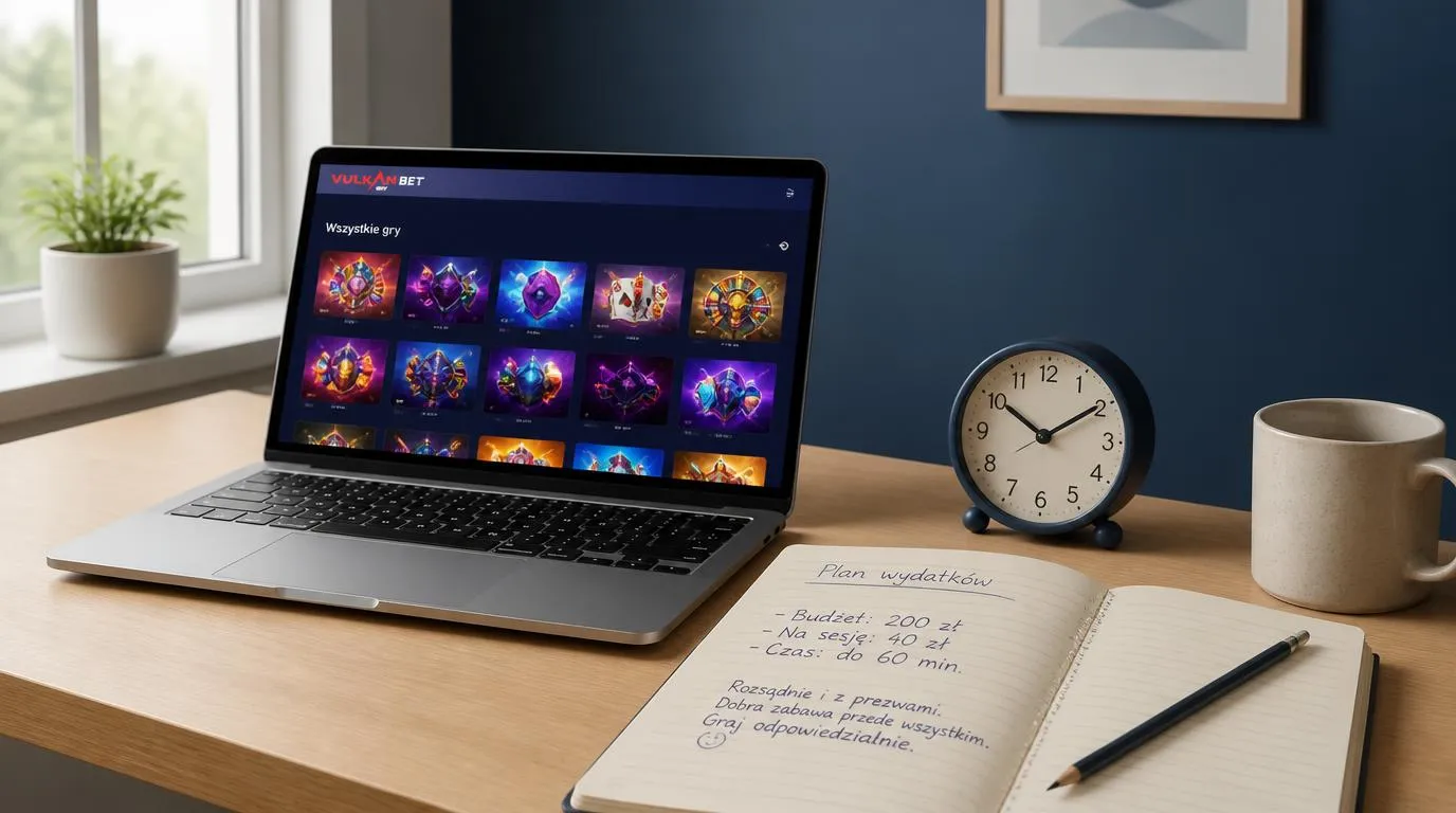 Laptop z katalogiem gier obok notesu z planem wydatków i zegara przypominającego o czasie sesji
