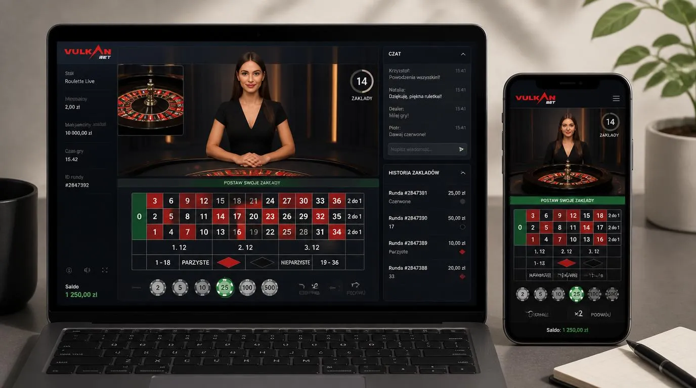 Interfejs kasyna na żywo z krupierem, czatem i historią zakładów na laptopie oraz telefonie